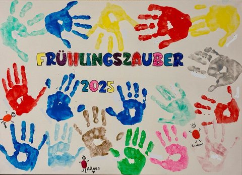 Plakat mit vielen bunten Kinderhänden und dem Titel Frühlingszauber 2025