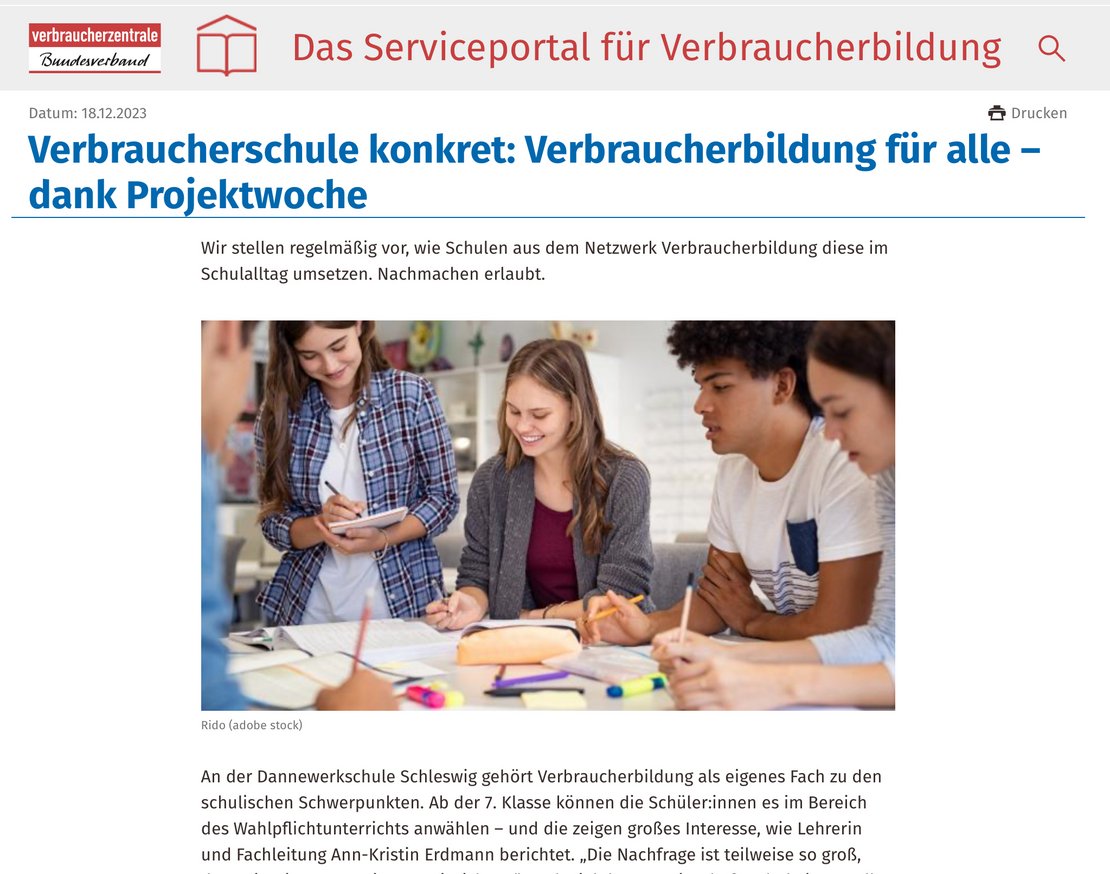 Artikelausschnitt der Internetseite Verbraucherbildung über die Projektwoche  an der Dannewerkschule