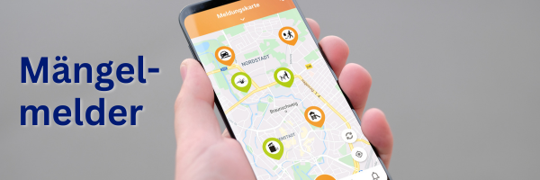 Hand hält ein Handy, welches den Mängelmelder zeigt.